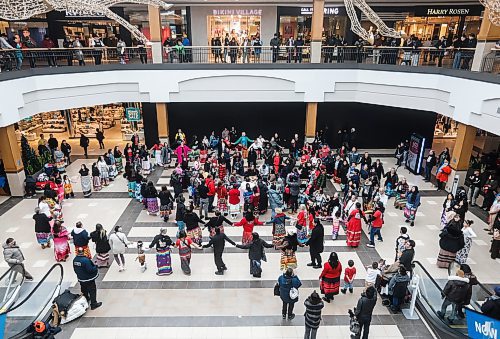 JOHN WOODS / WINNIPEG FREE PRESS
People gather to celebrate National Ribbon Skirt Day at Polo Park shopping centre Sunday, January 4, 2026. 

reporter: standup