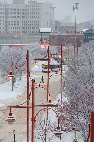 MIKE DEAL / FREE PRESS
A pedestrian makes there way past hoarfrost covered trees at The Forks Monday morning as low clouds drape over Winnipeg’s Downtown. Temperatures should warm up to around -4C by the afternoon.
Standup
260105 - Monday, January 05, 2026.