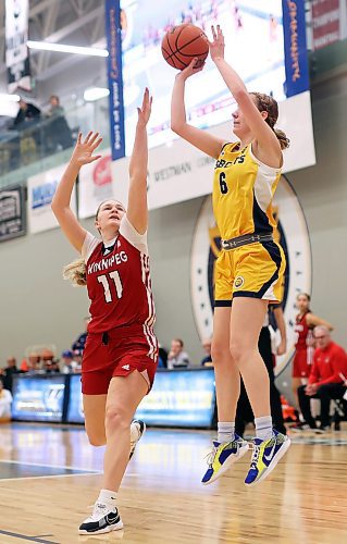 Madison Schettler (6) of the Brandon Bobcats leaps to let off a shot on the net during university women’s basketball action against the University of Winnipeg Wesmen at the Brandon University Healthy Living Centre on Friday evening. (Tim Smith/The Brandon Sun)