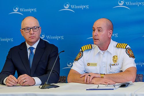 MIKE DEAL / FREE PRESS
Mayor Scott Gillingham and Christian Schmidt, Chief, Winnipeg Fire Paramedic Service along with other city officials hold a press conference at City Hall addressing the fire at the old Manwin Hotel at 655 Main Street.
Reporter: Scott Billeck and Tyler Searle
260114 - Wednesday, January 14, 2026.