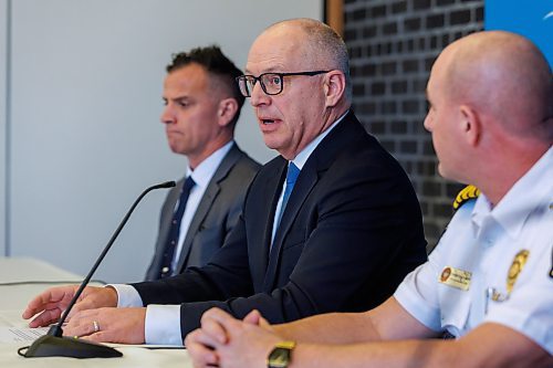 MIKE DEAL / FREE PRESS
Mayor Scott Gillingham and Christian Schmidt, Chief, Winnipeg Fire Paramedic Service along with other city officials hold a press conference at City Hall addressing the fire at the old Manwin Hotel at 655 Main Street.
Reporter: Scott Billeck and Tyler Searle
260114 - Wednesday, January 14, 2026.