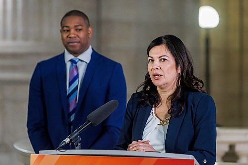 MIKE DEAL / FREE PRESS
Northern and Arctic Affairs Minister and Minister responsible for the Canadian Northern Economic Development Agency, Rebecca Chartrand answers questions from the media during the press conference.
Northern and Arctic Affairs Minister and Minister responsible for the Canadian Northern Economic Development Agency, Rebecca Chartrand and Business, Mining, Trade and Job Creation Minister Jamie Moses were joined by Chris Avery, president and CEO, Arctic Gateway Group, Carly Edmundson, president and CEO, CentrePort Canada Inc., and Nick Hays, president and CEO, Winnipeg Airports Authority, in the rotunda of the Manitoba Legislative Building to announce a new Manitoba trade alliance and sign a memorandum of understanding, Monday morning.
Reporter: Gabrielle Piche
260119 - Monday, January 19, 2026.
