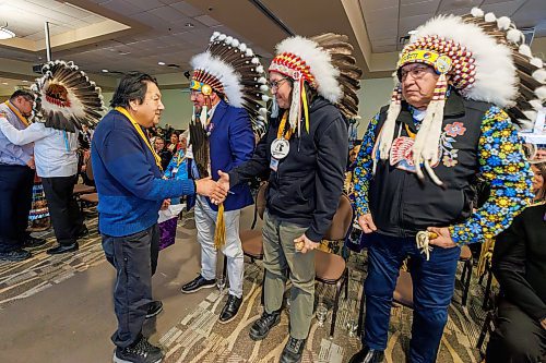 MIKE DEAL / FREE PRESS
Fred Harper, Elijah Harper brother, meets with Chiefs after making an speech.
Chiefs arrive for the Roll Call of the Nations to kick off the start of the 30th anniversary of the Sacred Assembly which is being held at the Canad Inns Destination Centre Polo Park January 23-25.
In 1995, Elijah Harper organized a national Sacred Assembly in Hull, Quebec. It had a focus on spiritual reconciliation, healing, and justice between First Nations, Inuit, Métis and non-Indigenous peoples. It brought together 3,000 people from across Canadian society--Indigenous leaders, elders, youth, and community representatives, spiritual leaders from various faith traditions and political leaders at federal, provincial, and municipal levels. One of the most tangible outcomes associated with the Sacred Assembly was the momentum it helped generate for National Aboriginal Day (June 21). 
260123 - Friday, January 23, 2026.