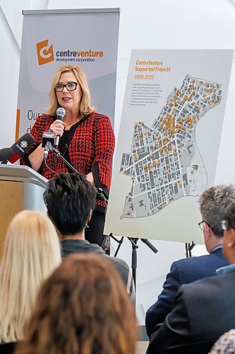MIKE DEAL / FREE PRESS
Rochelle Squires, CEO, CentreVenture Development Corporation, speaks during the event.
CentreVenture Development Corporation unveiled its new Strategic Plan and announced the recipients of the initial Heritage Conversion Program at a media event at 200 Portage Avenue Tuesday morning.
Reporter: Joyanne Pursaga
260127 - Tuesday, January 27, 2026.