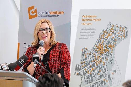 MIKE DEAL / FREE PRESS
Rochelle Squires, CEO, CentreVenture Development Corporation, speaks during the event.
CentreVenture Development Corporation unveiled its new Strategic Plan and announced the recipients of the initial Heritage Conversion Program at a media event at 200 Portage Avenue Tuesday morning.
Reporter: Joyanne Pursaga
260127 - Tuesday, January 27, 2026.