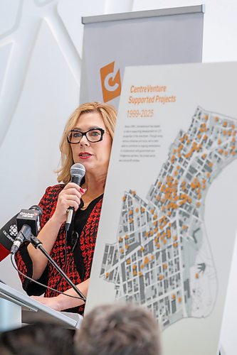 MIKE DEAL / FREE PRESS
Rochelle Squires, CEO, CentreVenture Development Corporation, speaks during the event.
CentreVenture Development Corporation unveiled its new Strategic Plan and announced the recipients of the initial Heritage Conversion Program at a media event at 200 Portage Avenue Tuesday morning.
Reporter: Joyanne Pursaga
260127 - Tuesday, January 27, 2026.