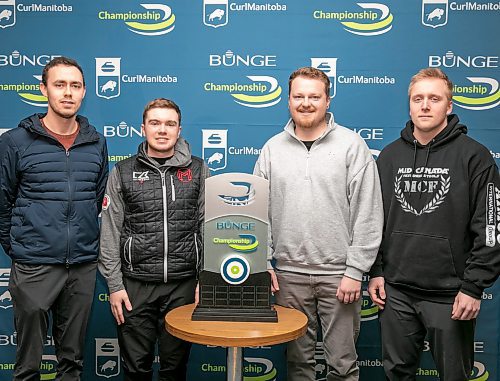 BROOK JONES/FREE PRESS
Curl Manitoba announced the top five seeds for the 2026 Bunge Men's Curling Championships, which runs Feb. 4 to 8 at the Selkirk Recreation Complex in Selkirk, Man. From left: Kyle Doering (team Reid Carruthers), Jordon McDonald (team Jordon McDonald), Brett Walter (team Brent Walter), and Sean Flatt (team Tanner Lott) are pictred with the championship trophy during the announcement at the Charleswood Curling Club in Winnipeg, Man., Wednesday, Jan. 28, 2026.