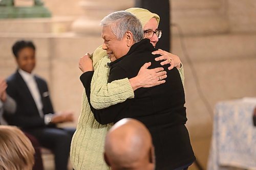 Mike Sudoma/Free Press
Executive director of the Islamic Social Services Shahina Siddiqui shares an embrace during a ceremony held to mark the National Day of Remembrance & Action Against Islamophobia at the Manitoba Legislative building Thursday
January 29, 2026