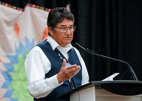 JOHN WOODS / FREE PRESS
Past Assembly of First Nations National Chief Ovide Mercredi, representing the Assembly of Manitoba Chiefs, speaks at a rematriation and repatriation apology event at the University of Manitoba (U of MB) in Winnipeg Monday, June 3, 2024. President Michael Benarroch apologized for U of MB’s history related to the inappropriate acquisition and housing of First Nations, Inuit and Métis ancestral remains, burial belongings, and cultural heritage without consent.
Reporter: nicole