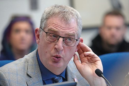 Ward 6 Coun. Bruce Luebke speaks at the council table during the first of two full day budget deliberations on Friday. Councillors will return to council chambers at city hall today to continue the discussion. (Matt Goerzen/The Brandon Sun)
