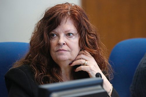 Ward 1 Coun. Heather Karrouze listens to discussion around the table on Friday afternoon. (Matt Goerzen/The Brandon Sun)