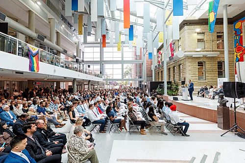 MIKE DEAL / WINNIPEG FREE PRESS
Dr. Peter Nickerson, Dean, Max Rady College of Medicine, and the Rady Faculty of Health Sciences, speaks to the assembled crowd during the Inaugural Day Exercises.
Family, friends and medical dignitaries gather in the Brodie Centre Atrium, Bannatyne Campus, 727 McDermot Avenue, for the University of Manitoba’s Inaugural Day Exercises of the largest medical class in University of Manitoba history, the Class of 2027. The Max Rady College of Medicine will see 125 incoming medical students this coming year up from 110 students in recent years. During the event the new students take part in the White Coat Ceremony and recite the Physician’s Pledge.
See Tessa Adamski story 
230823 - Wednesday, August 23, 2023.