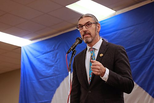 Coun. Kris Desjarlais (Ward 2) speaks during the Louis Riel Day celebrations at the Keystone Centre on Monday. Desjarlais suggested the federal government make the provincial holiday a national holiday. (Alex Lambert/The Brandon Sun)