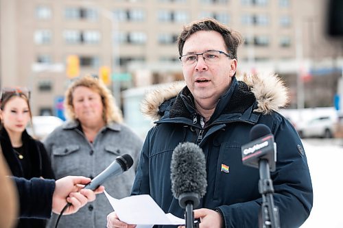 MIKAELA MACKENZIE / FREE PRESS
Benji Ross, brother of Stacey Ross, speaks to the media outside of St. Boniface Hospital on Tuesday, Feb. 17, 2026.
For Gabby story.
Free Press 2026