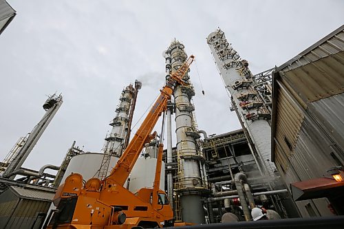 The middle of the three towers is the newest CO2 removal tower at the Koch Fertilizer plant in Brandon. The tower was delivered to Brandon in the spring of 2024, and commissioned in the fall of 2025, and stands roughly 180 feet tall. It removes carbon dioxide from the process gas in preparation for the next step in anhydrous ammonia fertilizer production. It took 12 days to move the tower from Edmonton to Brandon, due to having to travel at night, as well as travelling on less congested routes to avoid congesting main highways. (Connor McDowell/The Brandon Sun)
