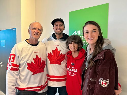 Mike McIntyre / Free Press
From left: Tom Wilson's father-in-law Garth Pischke, brother-in-law Dane Pischke, mother-in-law Cindy Pischke and wife Taylor Wilson at the 2026 Milan Cortina Games.
