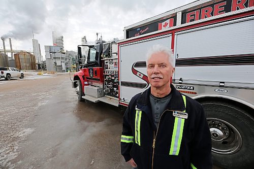 Bill Turner, a fire captain at the on-site fire station at the Koch Fertilizer plant. Turner has served for 37 years, and was responsible for finding the new fire truck, which was named “The Bill Turner” after him. Turner said that there are rarely fires that need responses, with the last he recalls being in 2023, for a grass fire within the fire station’s mutual aid group area beside a rail line. The plant has its own hydrant system to service fire fighting responses, as well as a crew of 80 firefighters led by 10 captains, all staff at the plant, Turner said. Koch Fertilizer recently installed a new pump house to serve these firefighting efforts. (Connor McDowell/The Brandon Sun)