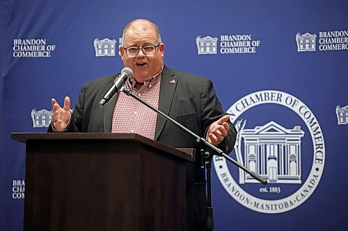 Mark Frison, president and CEO of Assiniboine College, delivers a talk during the Brandon Chamber of Commerce luncheon at the Clarion Hotel & Suites in Brandon on Thursday. (Tim Smith/The Brandon Sun)