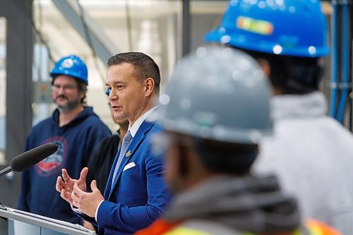 MIKE DEAL / FREE PRESS
Environment and Climate Change Minister Mike Moyes calls on all provinces and territories across Canada to protect Canadian energy security and to promote Manitoba’s clean hydroelectric power during an press conference held at PTI Transformers, 101 Rockman Street, on Friday.

Reporter: Nicole Buffie
251128 - Friday, November 28, 2025.