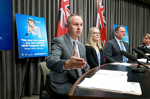 Ruth Bonneville / Free Press
Local - Just Hang Up
Sgt. Trevor Thompson of the WPS Financial Crimes Division, answers questions from the media regarding phone scams at presser Tuesday.
Also in the photo: Amanda Macrae, CEO, A&O: Support Services for Older Adults, Justice Minister Matt Wiebe and Insp. Jennifer McKinnon, Winnipeg Police Service.
The Manitoba government and Winnipeg Police Service announce, Just Hang Up, a grandparents scam ad campaign with Justice Minister Matt Wiebe and members of the WPS at the news conference held at the Legislative Building Tuesday.
See Kitching story.
Feb 24th, 2026