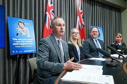 Ruth Bonneville / Free Press
Local - Just Hang Up
Sgt. Trevor Thompson of the WPS Financial Crimes Division, answers questions from the media regarding phone scams at presser Tuesday.
Also in the photo: Amanda Macrae, CEO, A&O: Support Services for Older Adults, Justice Minister Matt Wiebe and Insp. Jennifer McKinnon, Winnipeg Police Service.
The Manitoba government and Winnipeg Police Service announce, Just Hang Up, a grandparents scam ad campaign with Justice Minister Matt Wiebe and members of the WPS at the news conference held at the Legislative Building Tuesday.
See Kitching story.
Feb 24th, 2026