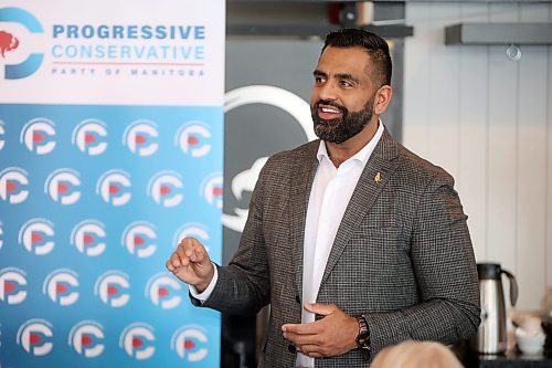 Obby Khan, leader of the Manitoba Progressive Conservative party, speaks during a fundraising breakfast organized by Brandon West MLA Wayne Balcaen at The Eagles Nest Bar and Grill in Brandon on Friday morning. Khan told the crowd of about 60 people that a Tory government under his leadership will "not make empty promises like our current government has done." See story on page A4. (Tim Smith/The Brandon Sun)