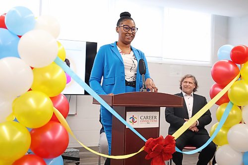 Rushana Davy, executive director of Career Connections Inc., speaks during the launch of their MentorAbility Manitoba program on Thursday. (Tim Smith/The Brandon Sun) 