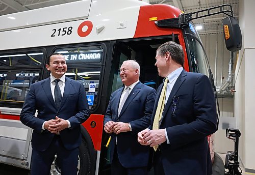 Ruth Bonneville / Free Press
BIZ/LOCAL - New Flyer
Premier Wab Kinew along with retiring New Flyer CEO, Paul Soubry and John Sapp, newly appointed president and CEO, NFI Group Inc. share some laughs after checking out one of New Flyer’s newest 2026, zero emissions, transit buses after press conference at New Flyer CAD facility Tuesday.
See story by Carol
March 3rd,, 2026