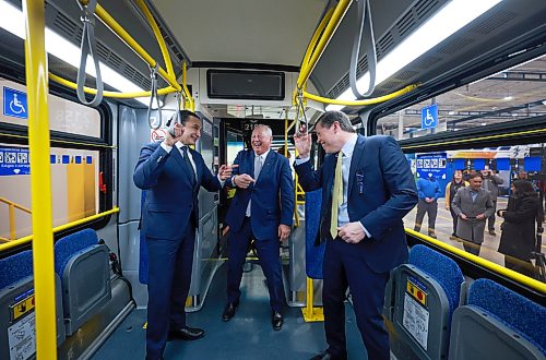 Ruth Bonneville / Free Press

BIZ/LOCAL - New Flyer

Premier Wab Kinew along with retiring New Flyer CEO, Paul Soubry and John Sapp, newly appointed president and CEO, NFI Group Inc. share some laughs as they check out one of New Flyer’s newest 2026, zero emissions, transit buses after press conference at New Flyer CAD facility Tuesday. 

See story by Carol 

March 3rd,,  2026