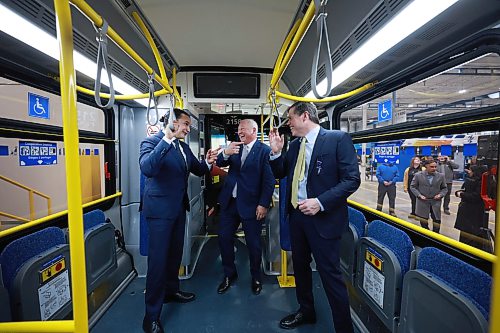 Ruth Bonneville / Free Press

BIZ/LOCAL - New Flyer

Premier Wab Kinew along with retiring New Flyer CEO, Paul Soubry and John Sapp, newly appointed president and CEO, NFI Group Inc. share some laughs as they check  out one of New Flyer’s newest 2026, zero emissions, transit buses after press conference at New Flyer CAD facility Tuesday. 

See story by Carol 

March 3rd,,  2026
