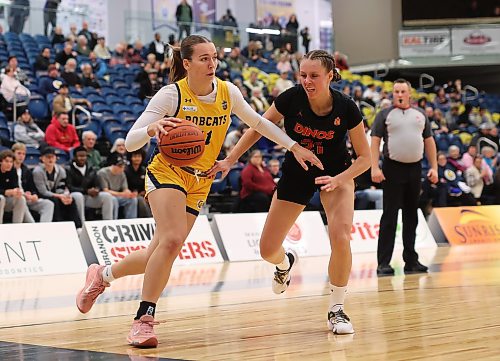 Jessie Sumner drives to the hoop during her rookie year of Canada West women's basketball with the Brandon University Bobcats, who returned to the playoffs for the first time since 2022. (Tim Smith/The Brandon Sun)