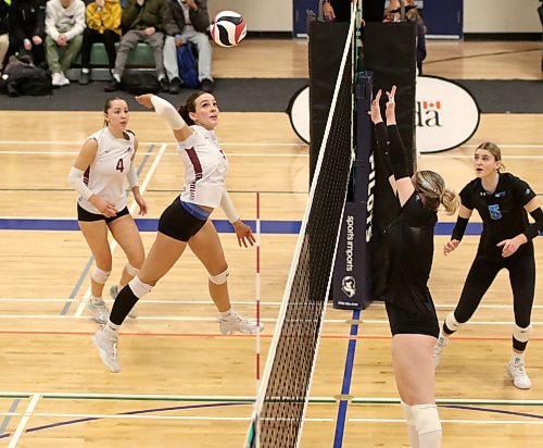 Assiniboine College Cougars Heather Brost attacks against the VIU Mariners during their CCAA women's volleyball national quarterfinal in Niverville on Wednesday. (Thomas Friesen/The Brandon Sun)