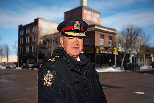 Brandon Police Service Chief Tyler Bates at the corner of 10th Street and Rosser Avenue in downtown Brandon on Wednesday afternoon. Bates said he felt the presence of community cadets in the city has played a role in the “dramatic decline” in break-and-enter calls for service. (Tim Smith/The Brandon Sun)

