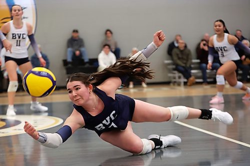 13032026
Reece Cowan (7) of the 18U Brandon Volleyball Club dives to try to dig the ball during BVC’s match against the 18U Providence Jr. Pilots White in the BVC 16U/18U Girls Classic at the Brandon University Healthy Living Centre on Friday.
(Tim Smith/The Brandon Sun)