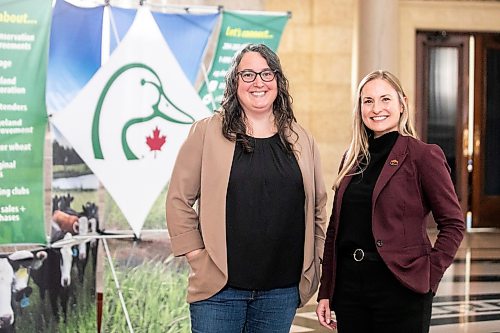 MIKAELA MACKENZIE / FREE PRESS
Mary-Jane Orr, general manager of Manitoba Beef & Forage Initiatives (left), and Karli Reimer, manager of outreach at Ducks Unlimited Canada, at the Manitoba Legislative Building on Monday, March 16, 2026.
For JS story.
Free Press 2026
