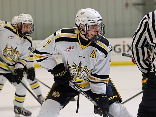 Brandon's Reid Nicol (7) prepares to take a face-off against the Winnipeg Wild in the defensive zone during first period action in Game 4 of the Manitoba U18 AAA Hockey League best-of-five semifinal bout at J&G Homes Arena on Monday evening. (Massimo De Luca-Taronno/The Brandon Sun)