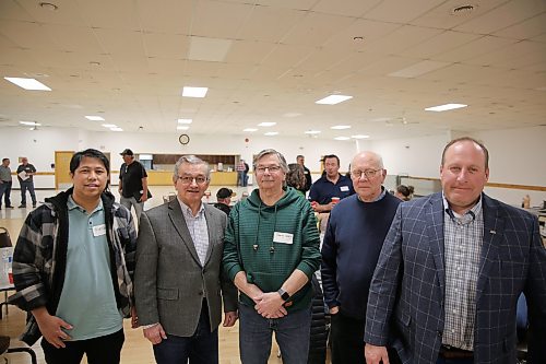 From left, Rustum Orale, Merv Starzyk, Randy Daley, Wayne Lees and Scott Phillips, members assigned to collect feedback about rural veterinary service delivery, are seen at a meeting in Souris in mid march at the Souris Glenwood Memorial Centre. Roughly three dozen people attended, including producers, veterinarians, producer group representatives and council members from Westman. The group is hosting five in-person sessions this year to collect feedback, with three in Westman. (Connor McDowell/The Brandon Sun)