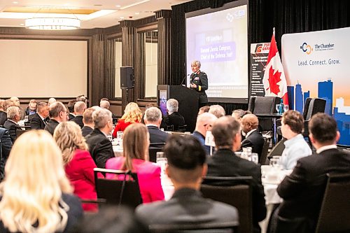 MIKAELA MACKENZIE / FREE PRESS
Chief of the Defence staff general Jennie Carignan speaks at a Winnipeg Chamber of Commerce luncheon at the Fairmont Hotel on Wednesday, March 25, 2026.
For Aaron story
Free Press 2026