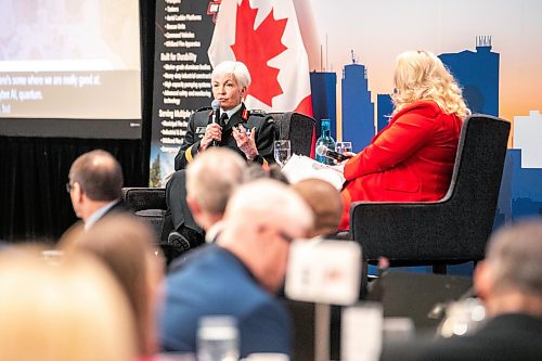 MIKAELA MACKENZIE / FREE PRESS
Chief of the Defence staff general Jennie Carignan does a fireside chat with Amanda Buhse at a Winnipeg Chamber of Commerce luncheon at the Fairmont Hotel on Wednesday, March 25, 2026.
For Aaron story
Free Press 2026