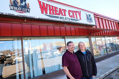 Wheat City Meats owner Nicole Bender stands with her fiancé, Joseph (JD) Braid, in front of the former Tendercuts Meat & Deli on Friday afternoon. (Abiola Odutola/The Brandon Sun)