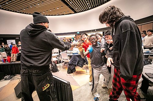 MIKAELA MACKENZIE / FREE PRESS
	
Grade seven/eight Elwick Community School students enthusiastically cheer as Snotty Nose Rez Kids perform for local middle and high school students on Friday, March 27, 2026. 

For Conrad story.
Free Press 2026