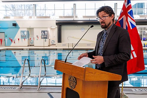 MIKE DEAL / FREE PRESS
Councillor Matt Allard (St. Boniface) speaks during the event.
Mayor Scott Gillingham, councillor Vivian Santos (Point Douglas), Chairperson of the Standing Policy Committee on Community Services, and councillor Matt Allard (St. Boniface) celebrate the reopening of Bonivital Pool (1215 Archibald St.) after it underwent major renovations, which included accessibility upgrades in the front lobby, including new universal and gendered changerooms, a new accessible sauna, upgrades to the heating, ventilation, and air conditioning (HVAC), water heating system, and air handling unit.
Reporter: Joyanne Pursaga
251119 - Wednesday, November 19, 2025.