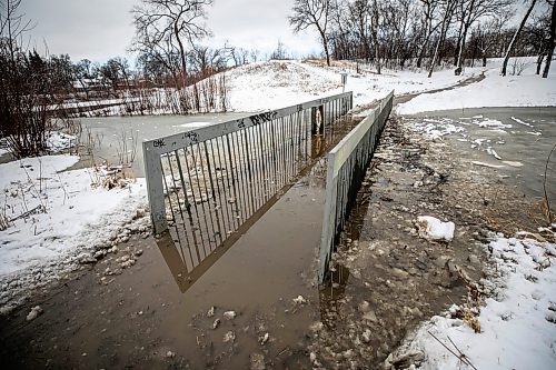 MIKAELA MACKENZIE / FREE PRESS
	
Omand’s Creek floods the pedestrian bridge on Wednesday, April 8, 2026.

Standup.
Free Press 2026