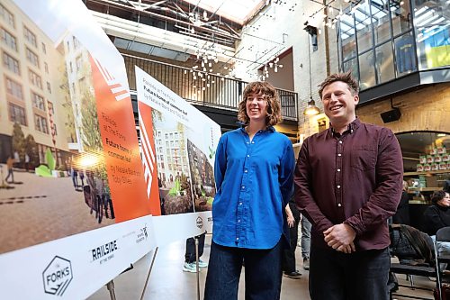 Ruth Bonneville Free Press
LOCAL - PUBLIC ART FOR RAILSIDE AT THE FORKS
Photo of artists, Natalie Baird and Toby Gillies, who have been selected to create the second PUBLIC ART FOR RAILSIDE AT THE FORKS taken during the design unveiling Thursday/
Story The Forks announce the artists and unveils the design for the second large-scale public art piece selected for Railside at The Forks on Thursday.
See story by Eva
April 9th, 2026