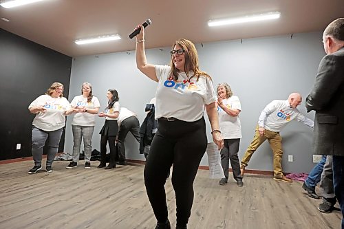 Shelly Thompson, co-chair of the United Way West Central Manitoba 2025 "Be the One" campaign, celebrates with United Way staff and supporters during the announcement of the largest fundraising total in the organization’s history at the Ukrainian Reading Association Hall in Brandon on Thursday. The campaign raised $1,083,990.50. (Tim Smith/The Brandon Sun)
