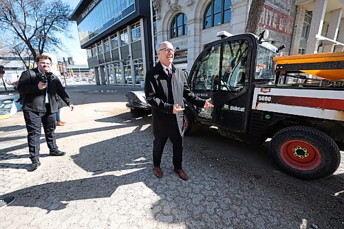 Ruth Bonneville  Free Press

LOCAL STDUP - clean-up launch

Mayor Scott Gillingham is all smiles as he exits a tomcat outfitted with a broom on front after learning to operate it at the end of the spring clean-up launch in Old Market Square Wednesday. 

Downtown beautification blitz and citywide spring clean-up launch in Old Market Square in the Exchange District, with Mayor Scott Gillingham, Wednesday.

April 15th,  2026
