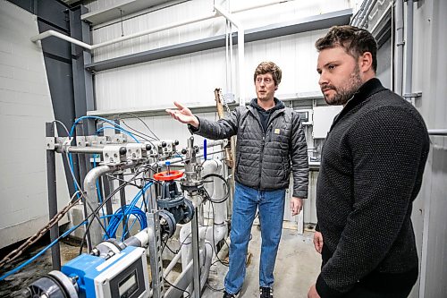 MIKAELA MACKENZIE / FREE PRESS
Tanner Devlin, process engineer at Nexom, gives a site overview of the new technology to Dave Harrison, RM of St. Paul utility supervisor, at at the East St. Paul Wastewater Treatment Facility on Thursday, April 16, 2026.
For Aaron story.
Free Press 2026