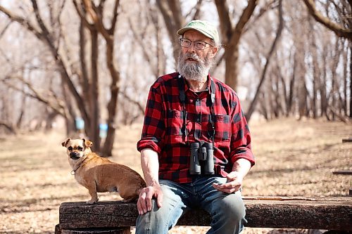 Dave Barnes, founding member and chair of the board for the Assiniboine Food Forest, and his dog Bobo, sit during a visit with members of the Brandon Friendship Centre Reconnections to OUR Culture program’s Anishinaabemowin class during a tour of the AFF’s maple syrup operation on a warm Thursday morning. Barnes runs the syrup operation in conjunction with the Assiniboine Food Forest. See more photos on Page A4. (Tim Smith/The Brandon Sun)