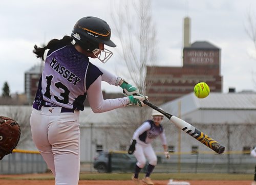 Quinn Twordik connects with a pitch for the Vikings. (Thomas Friesen/The Brandon Sun)