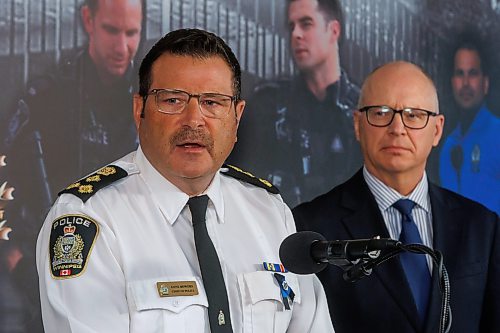 MIKE DEAL / FREE PRESS
Police Chief Gene Bowers, speaks while Mayor Scott Gillingham listens during the announcement.
Winnipeg Police Service holds a media conference at WPS Headquarters Thursday to introduce the new Rapid Response Unit.
Speakers included:
Gene Bowers, Chief of Police, Mayor Scott Gillingham and Inspector Shaun Veldman, Event Management &amp; Response Division.
Reporter: Chris Kitching
260430 - Thursday, April 30, 2026.